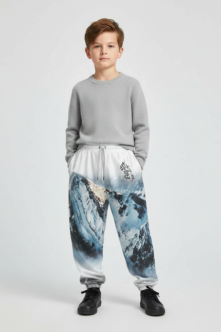 Pantalon Chinois Montagne Neige Imprimé Ample Jogger Garçon - Molleton