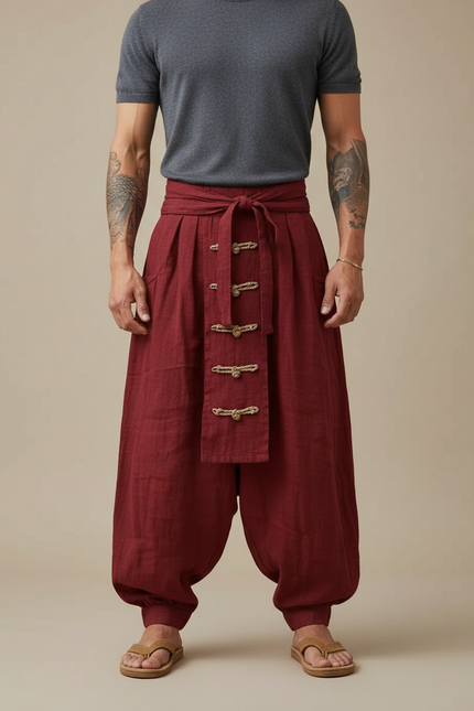 Pantalon Chinois Rouge Lin Ample Décontracté Ethnique Homme - Bordeaux