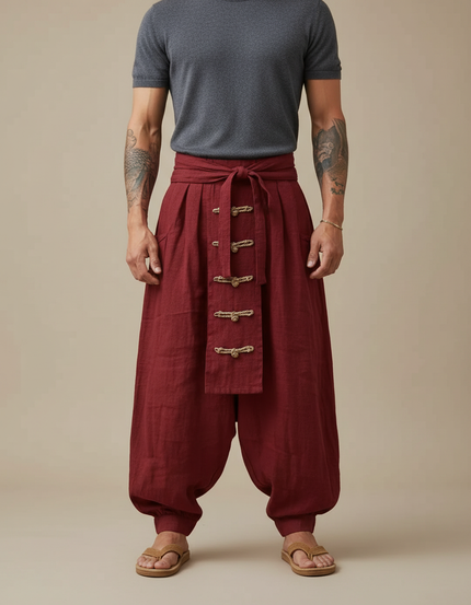 Pantalon Chinois Rouge Lin Ample Décontracté Ethnique Homme - Bordeaux