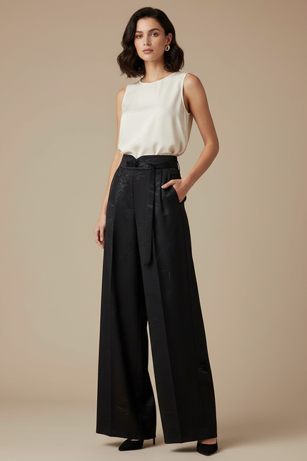 Pantalon Chinois Noir Jacquard Ample Ceinturé Fluide - Satin