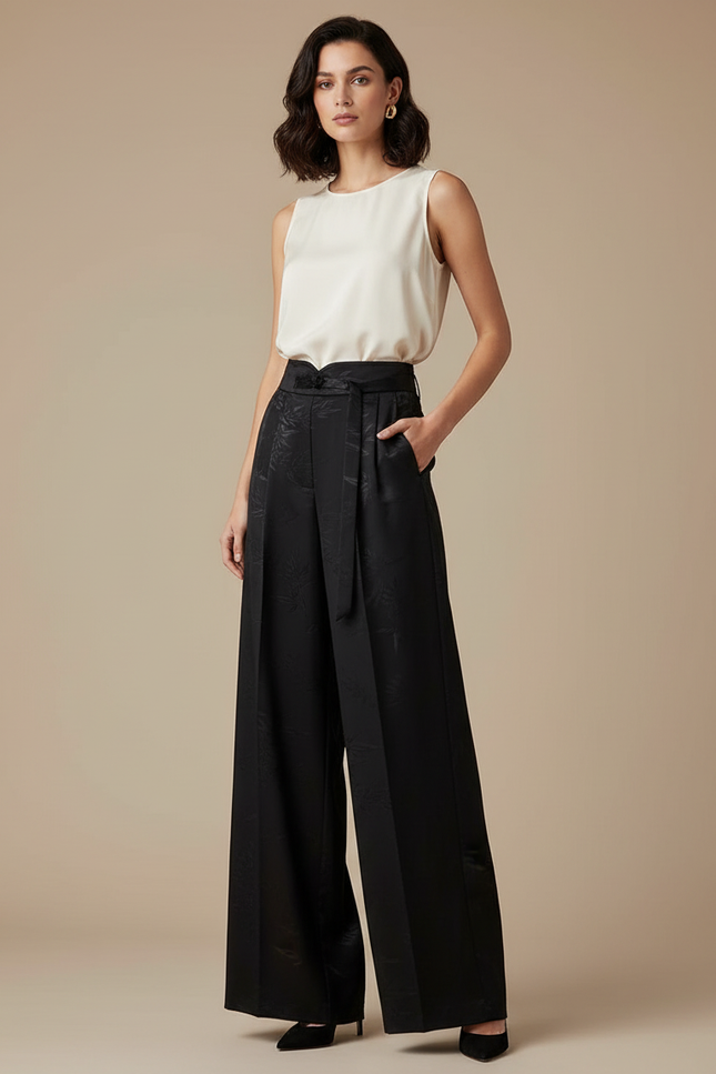 Pantalon Chinois Noir Jacquard Ample Ceinturé Fluide - Satin