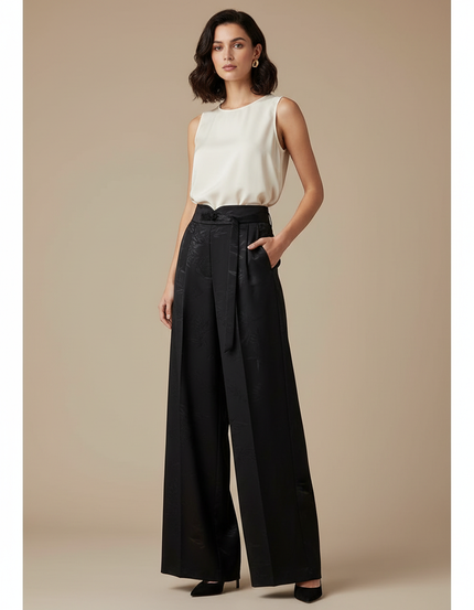 Pantalon Chinois Noir Jacquard Ample Ceinturé Fluide - Satin