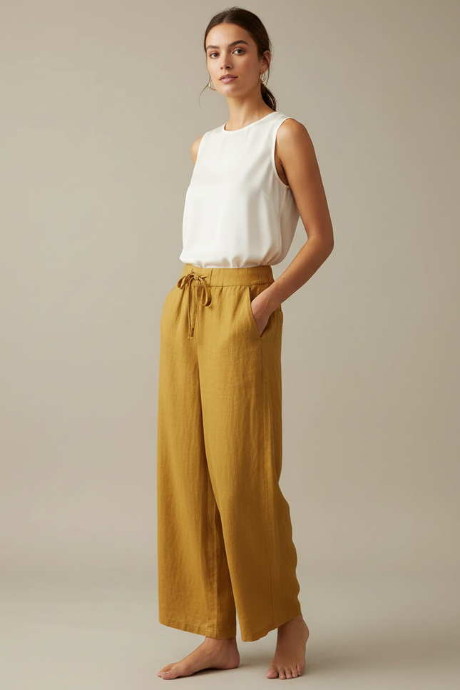 Pantalon Chinois Jaune Lin Ample Fluide Décontracté