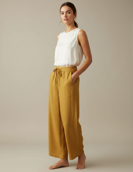 Pantalon Chinois Jaune Lin Ample Fluide Décontracté