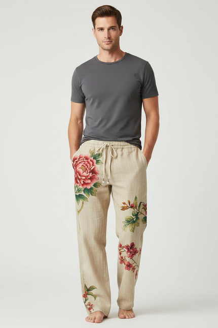 Pantalon Chinois Lin Beige Fleurie Ample Décontracté