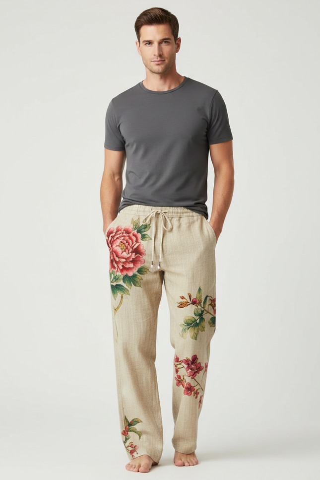 Pantalon Chinois Lin Beige Fleurie Ample Décontracté