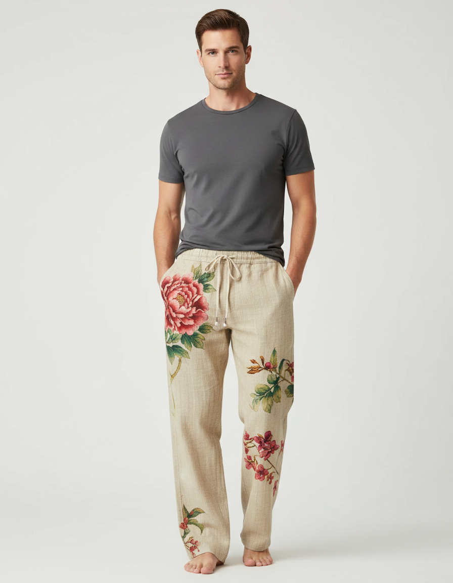 Pantalon Chinois Lin Beige Fleurie Ample Décontracté