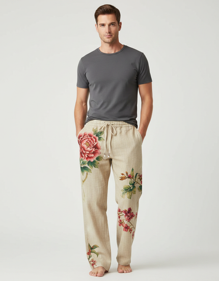 Pantalon Chinois Lin Beige Fleurie Ample Décontracté
