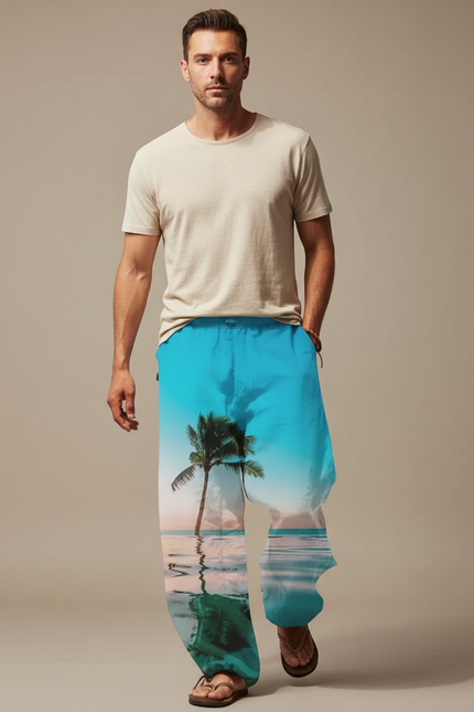 Pantalon Chinois Paysage Tropical Ample Cordon Homme - Imprimé Lin