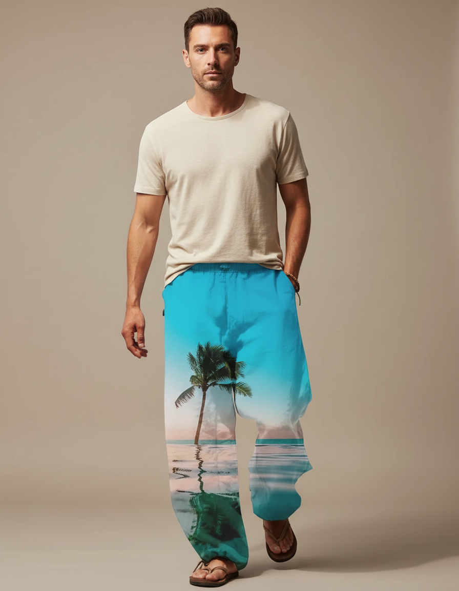 Pantalon Chinois Paysage Tropical Ample Cordon Homme - Imprimé Lin