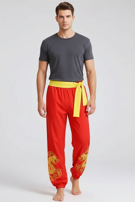 Pantalon Chinois Rouge Dragon Jaune Ample - Polyester