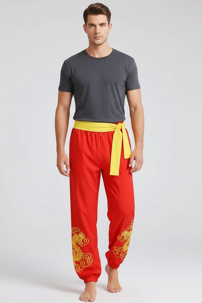 Pantalon Chinois Rouge Dragon Jaune Ample - Polyester