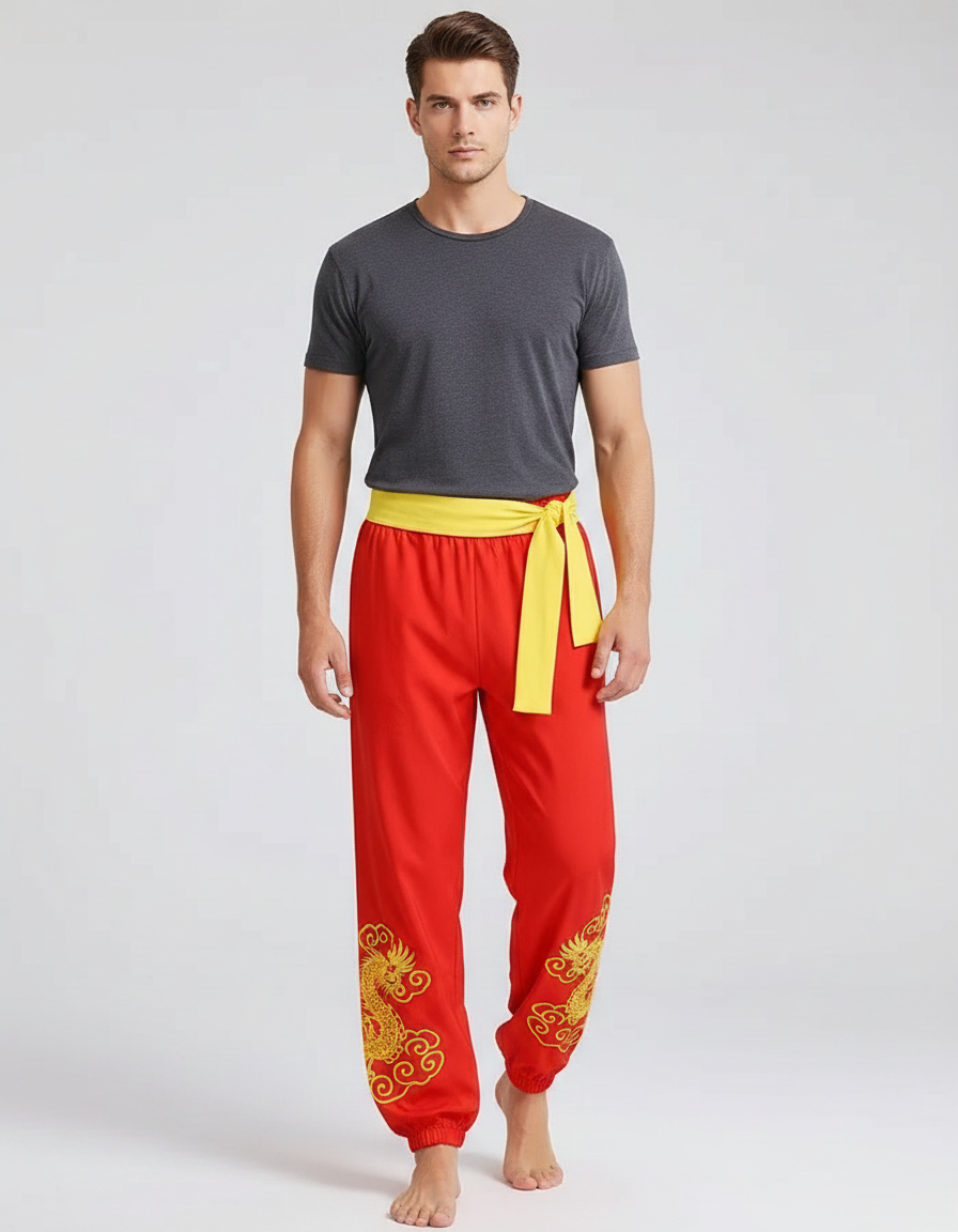 Pantalon Chinois Rouge Dragon Jaune Ample - Polyester