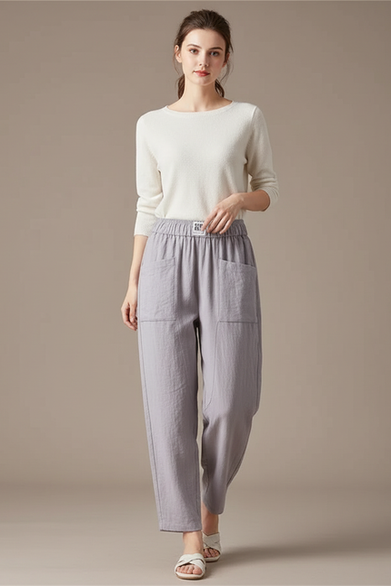 Pantalon Chinois Gris Ample Coton Lin Décontracté Uni