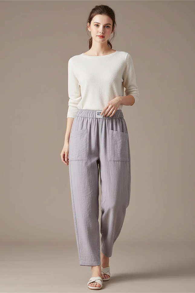 Pantalon Chinois Gris Ample Coton Lin Décontracté Uni