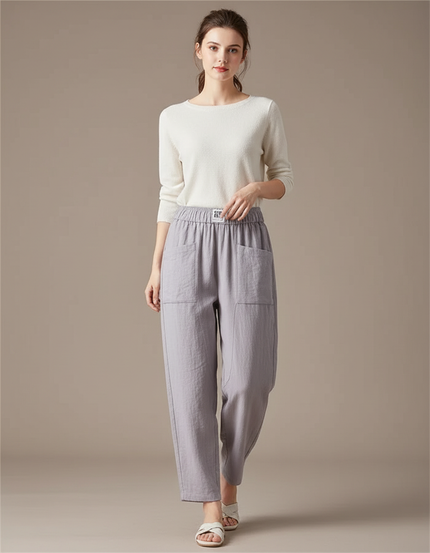 Pantalon Chinois Gris Ample Coton Lin Décontracté Uni