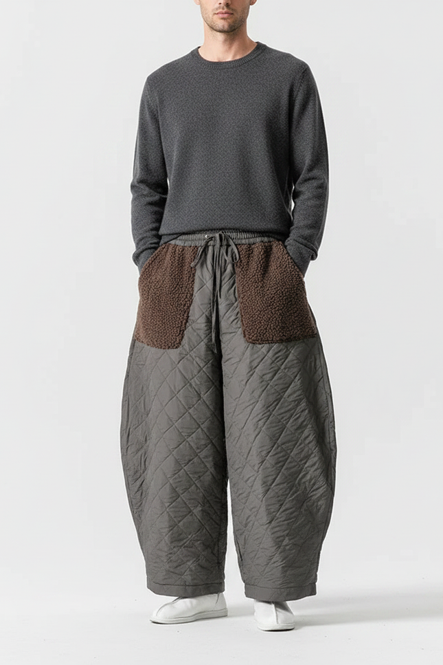 Pantalon Chinois Matelassé Large Gris Polaire Hiver - Kaki Polyester