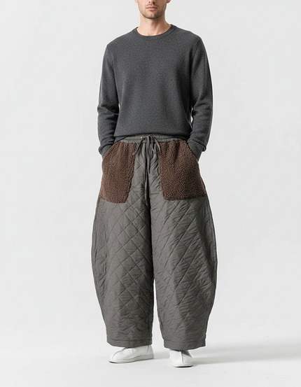 Pantalon Chinois Matelassé Large Gris Polaire Hiver - Kaki Polyester