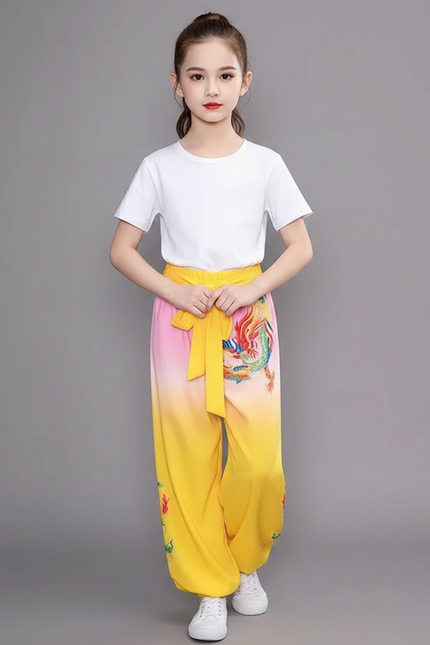 Pantalon Chinois Jaune Dégradé Dragon Satiné Ample
