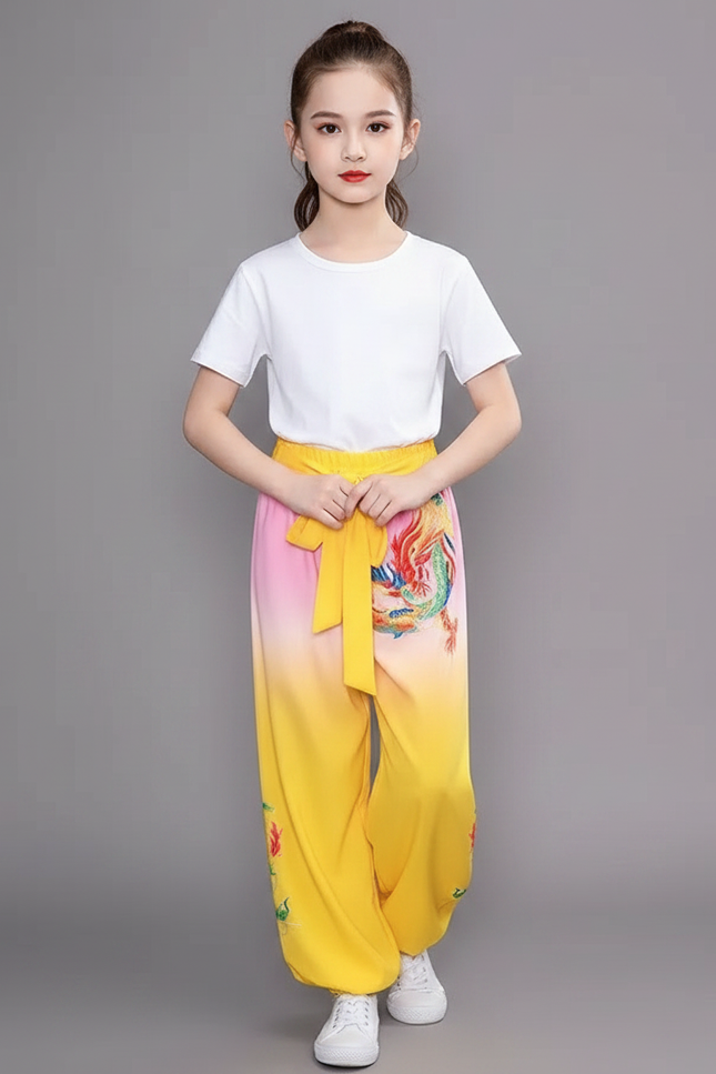 Pantalon Chinois Jaune Dégradé Dragon Satiné Ample