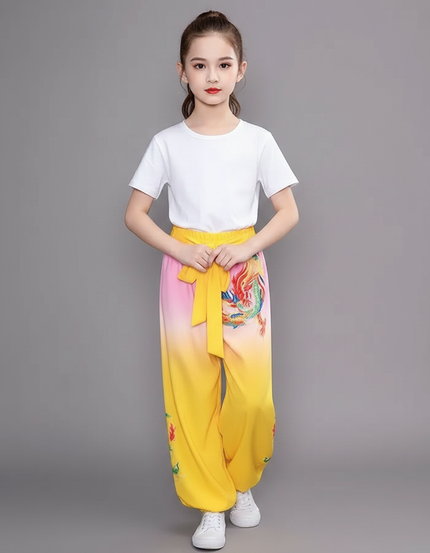Pantalon Chinois Jaune Dégradé Dragon Satiné Ample