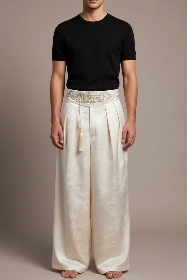 Pantalon Chinois Crème Satin Ample Jacquard Brodé - Blanc