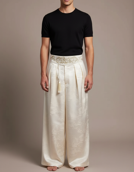 Pantalon Chinois Crème Satin Ample Jacquard Brodé - Blanc
