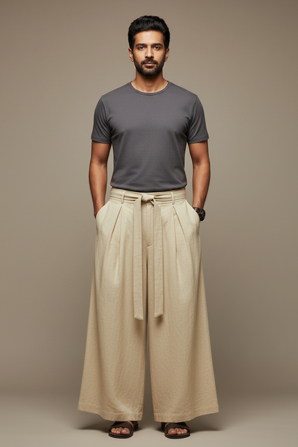Pantalon Chinois Beige Ample Coton Lin Décontracté