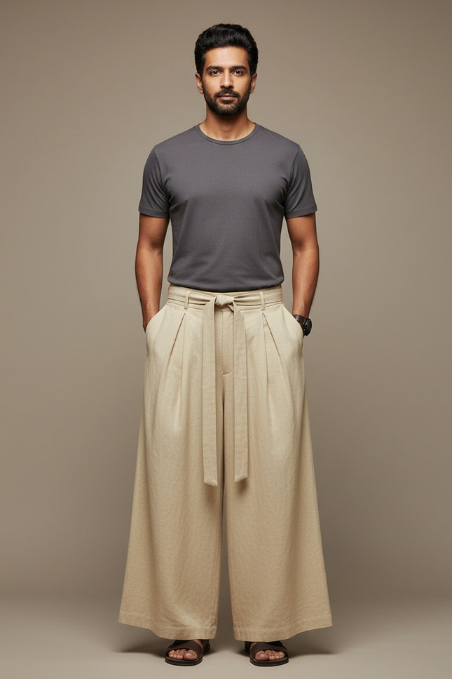 Pantalon Chinois Beige Ample Coton Lin Décontracté