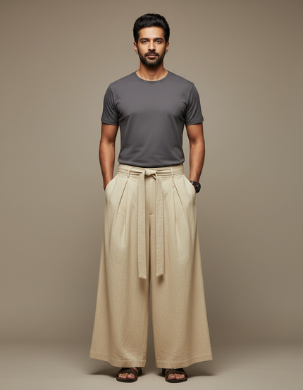 Pantalon Chinois Beige Ample Coton Lin Décontracté