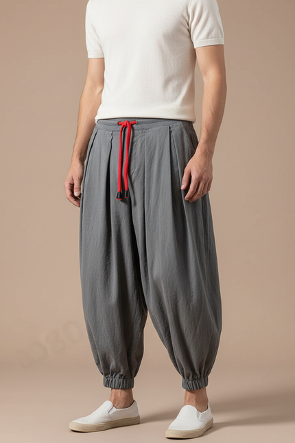 Pantalon Chinois Gris Lin Ample Harem Décontracté