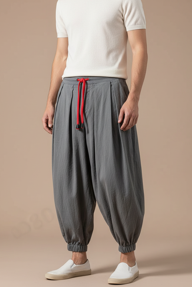 Pantalon Chinois Gris Lin Ample Harem Décontracté