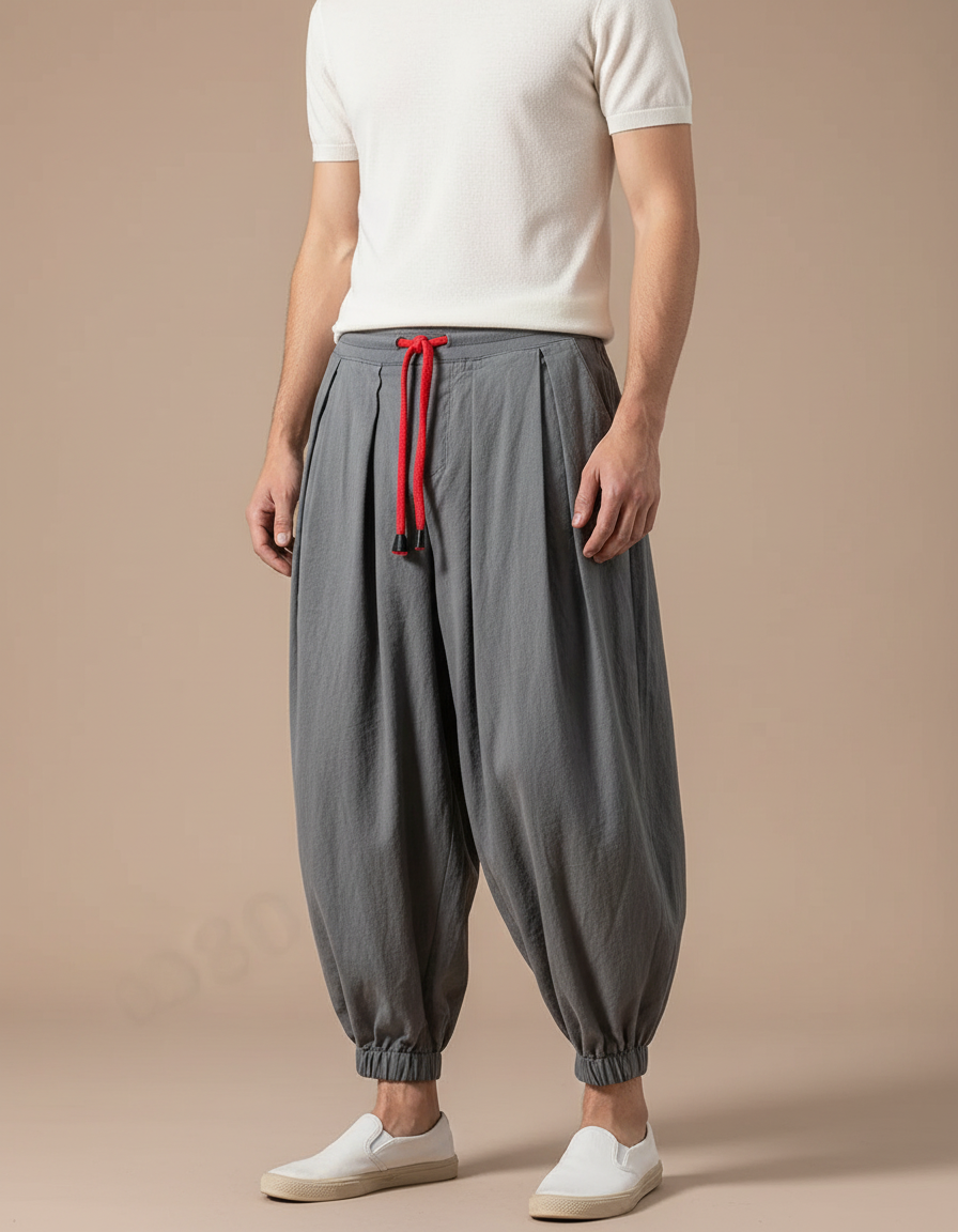 Pantalon Chinois Gris Lin Ample Harem Décontracté