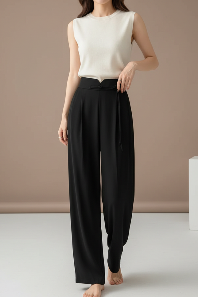Pantalon Chinois Noir Ample Fluide Taille Haute Femme - Viscose