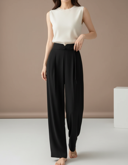 Pantalon Chinois Noir Ample Fluide Taille Haute Femme - Viscose