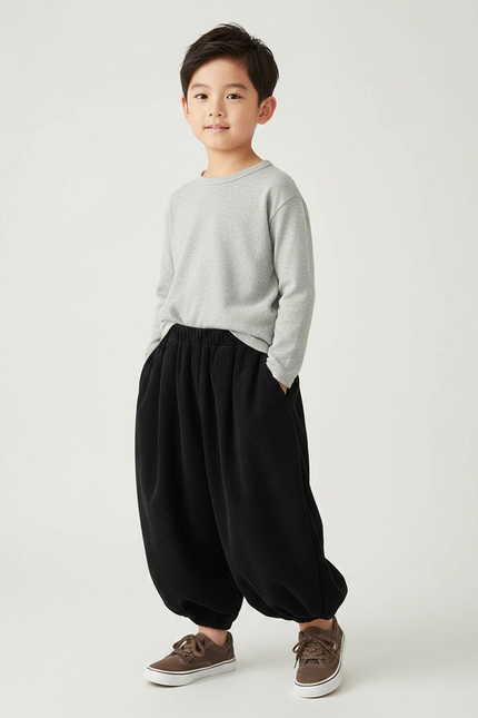 Pantalon Chinois Noir Côtelé Ample Bouffant Enfant Rétro - Cordé