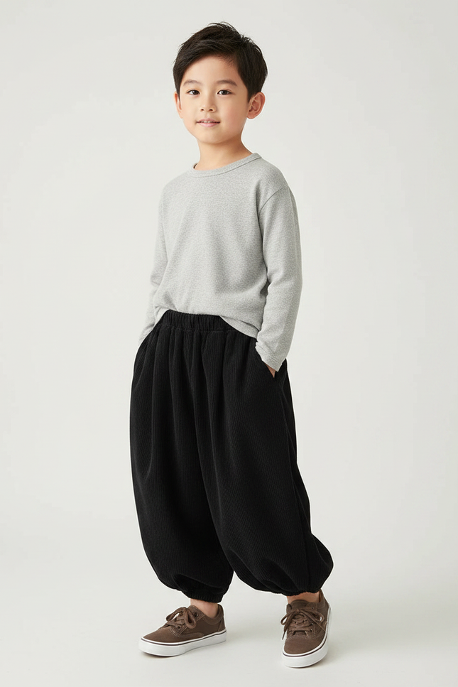 Pantalon Chinois Noir Côtelé Ample Bouffant Enfant Rétro - Cordé