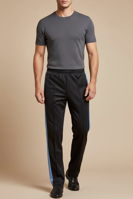 Pantalon Chinois Noir Bandes Bleues Droite Sport Homme - Polyester