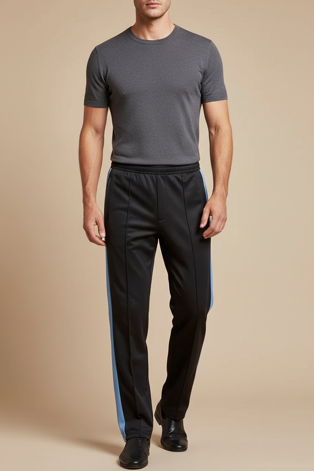 Pantalon Chinois Noir Bandes Bleues Droite Sport Homme - Polyester