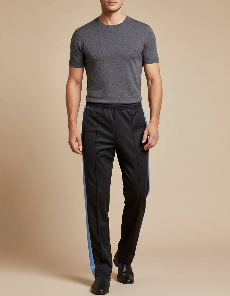 Pantalon Chinois Noir Bandes Bleues Droite Sport Homme - Polyester