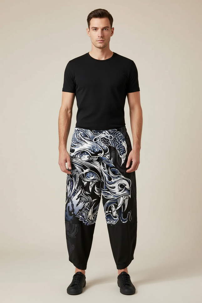 Pantalon Chinois Noir Dragon Imprimé Ample Décontracté Homme - Polyester