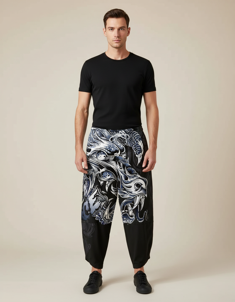 Pantalon Chinois Noir Dragon Imprimé Ample Décontracté Homme - Polyester