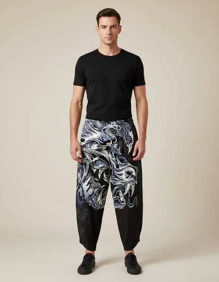 Pantalon Chinois Noir Dragon Imprimé Ample Décontracté Homme - Polyester