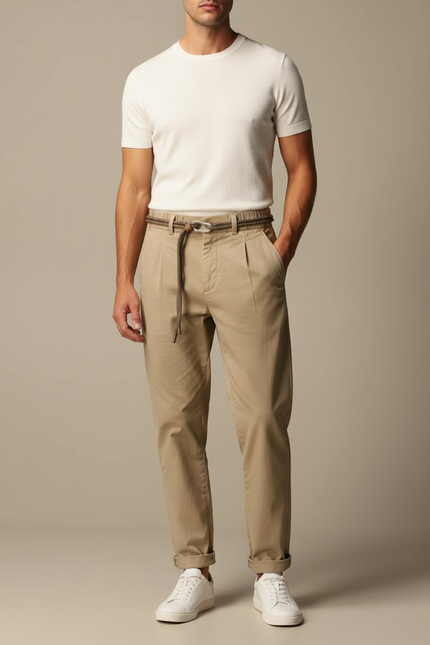 Pantalon Chinois Beige Coton Décontracté Ceinture Cordon