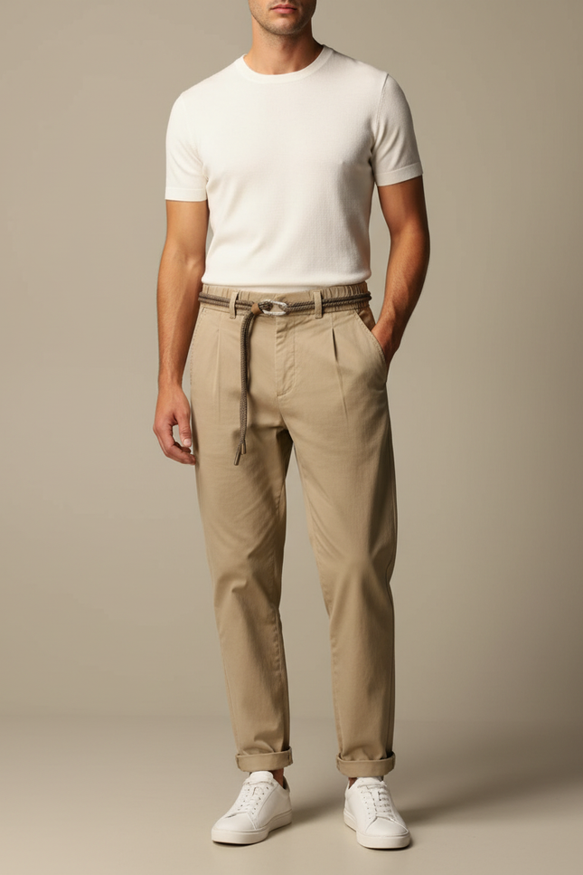 Pantalon Chinois Beige Coton Décontracté Ceinture Cordon