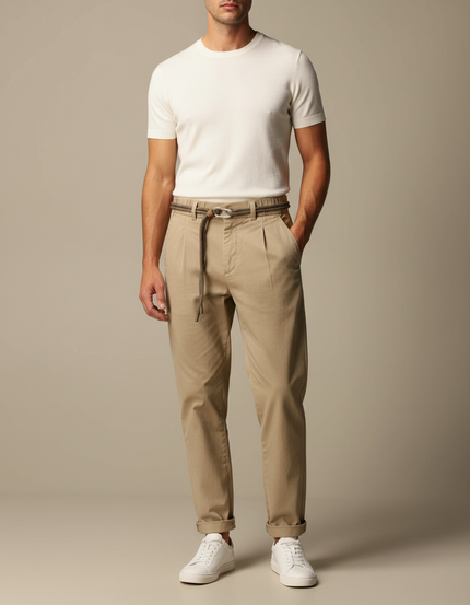 Pantalon Chinois Beige Coton Décontracté Ceinture Cordon