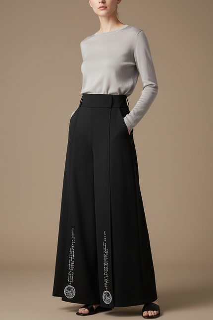 Pantalon Chinois Noir Ample Imprimé Fluide Femme Élégant - Viscose