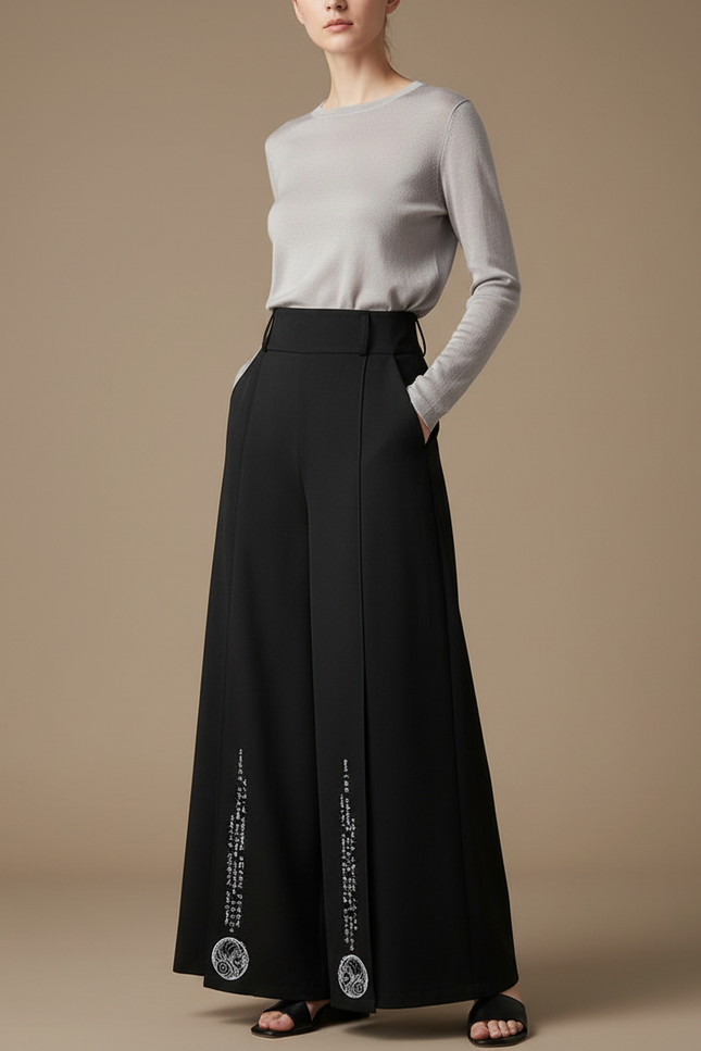 Pantalon Chinois Noir Ample Imprimé Fluide Femme Élégant - Viscose