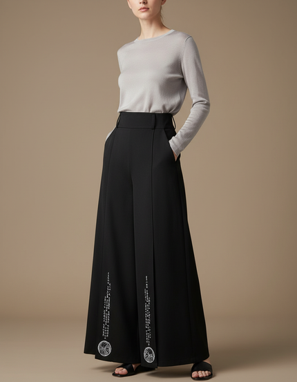 Pantalon Chinois Noir Ample Imprimé Fluide Femme Élégant - Viscose