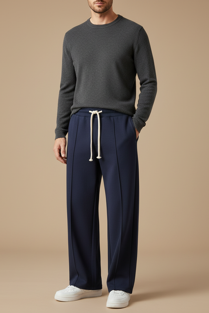 Pantalon Chinois Bleu Marine Droit Ample Cordon Homme - Gabardine